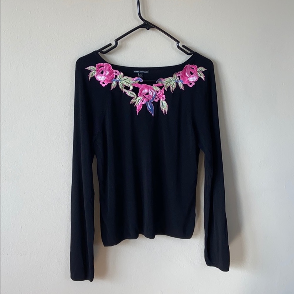 Debbie Morgan Black Long Sleeve Top Pink Floral Cutout Neckline Stretch Large